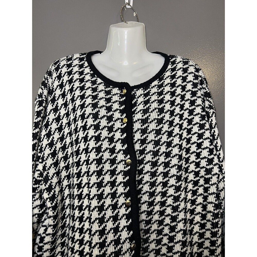 Vintage Kobe Cardigan Sweater Womens 1X Black White Houndstooth Gold Buttons